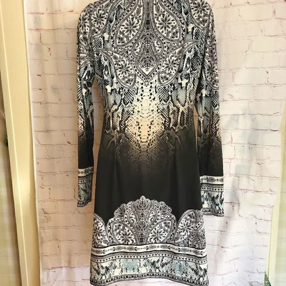 New Hale Bob Paisley Print Jersey Shift Dress Long Sleeve sz.XS ret.$216